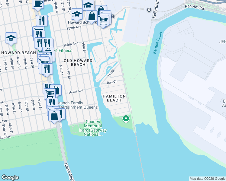 map of restaurants, bars, coffee shops, grocery stores, and more near 99-65 163rd Road in Queens