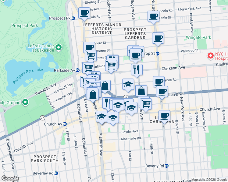 map of restaurants, bars, coffee shops, grocery stores, and more near 2110 Bedford Avenue in Brooklyn