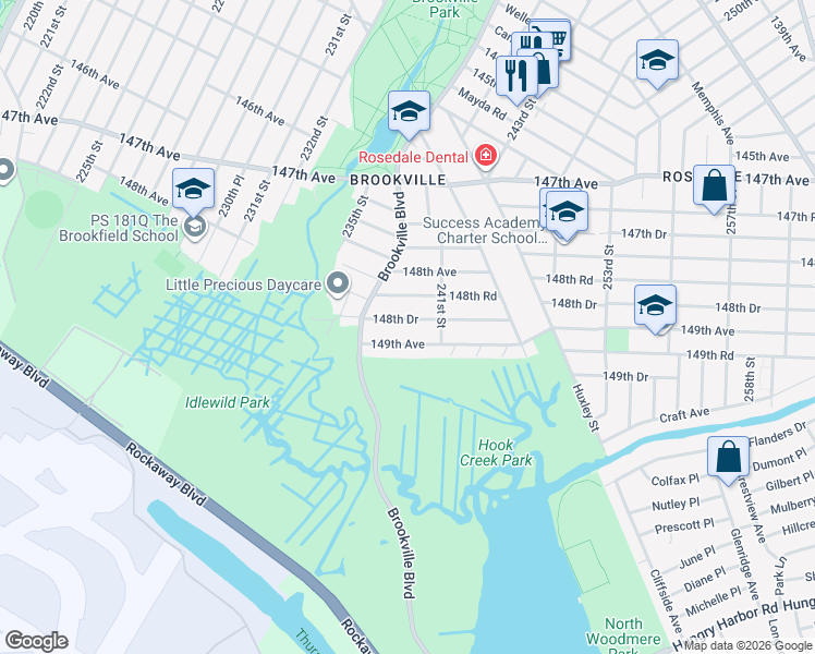 map of restaurants, bars, coffee shops, grocery stores, and more near 238-48 148th Drive in Queens