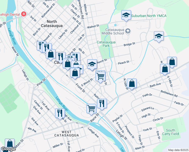 map of restaurants, bars, coffee shops, grocery stores, and more near 238 East Wood Street in Catasauqua