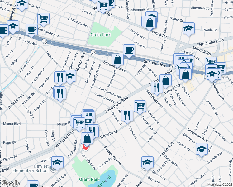 map of restaurants, bars, coffee shops, grocery stores, and more near 209 Westminster Road in Lynbrook