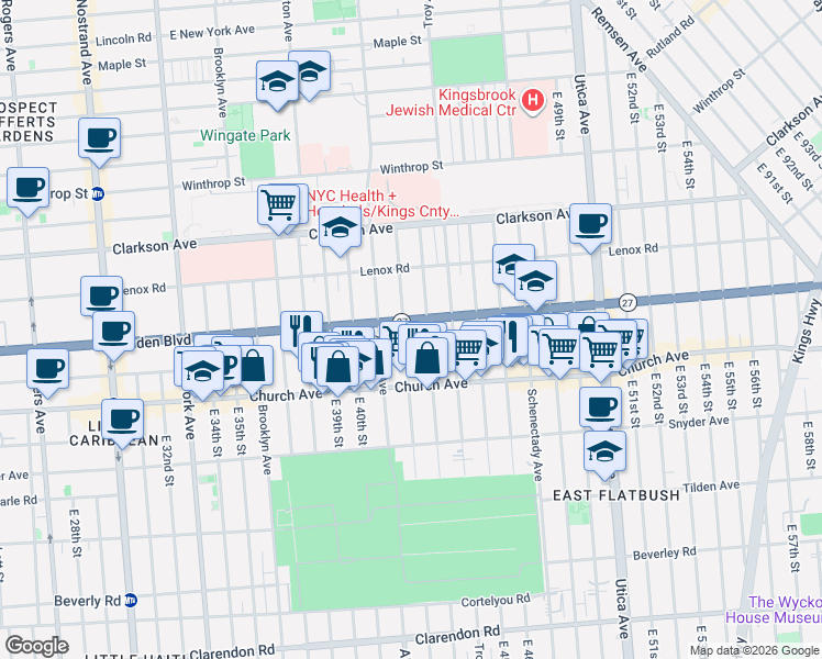 map of restaurants, bars, coffee shops, grocery stores, and more near 560 Linden Boulevard in Brooklyn