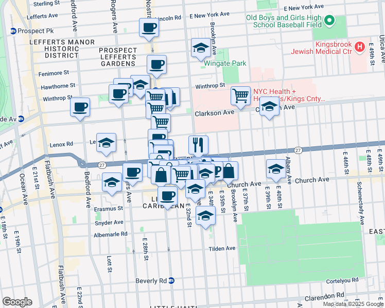 map of restaurants, bars, coffee shops, grocery stores, and more near 335 Linden Boulevard in Brooklyn