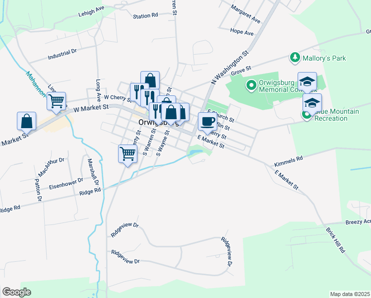 map of restaurants, bars, coffee shops, grocery stores, and more near 128 South Washington Street in Orwigsburg