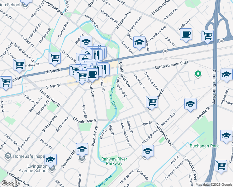 map of restaurants, bars, coffee shops, grocery stores, and more near 411 Lincoln Park East in Cranford