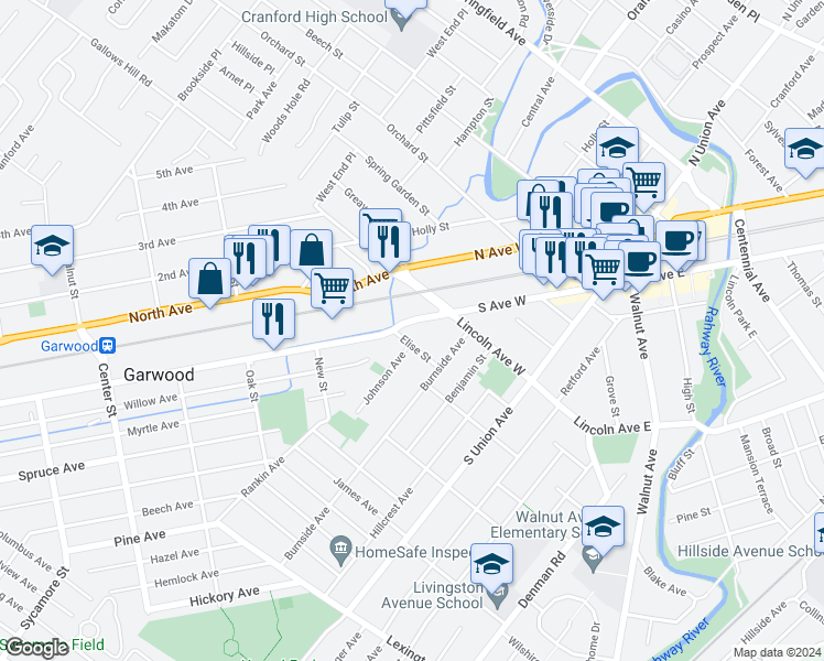 map of restaurants, bars, coffee shops, grocery stores, and more near 117 South Avenue in Cranford