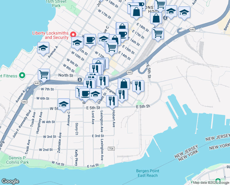 map of restaurants, bars, coffee shops, grocery stores, and more near 59 Evergreen Street in Bayonne