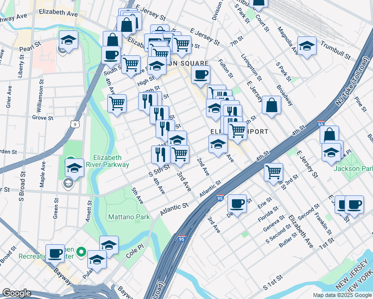map of restaurants, bars, coffee shops, grocery stores, and more near 206 Spencer Street in Elizabeth