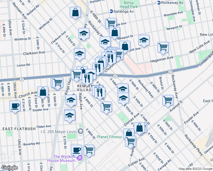 map of restaurants, bars, coffee shops, grocery stores, and more near 580 East 93rd Street in Brooklyn