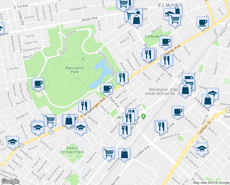 map of restaurants, bars, coffee shops, grocery stores, and more near 2020 East Saint Georges Avenue in Linden