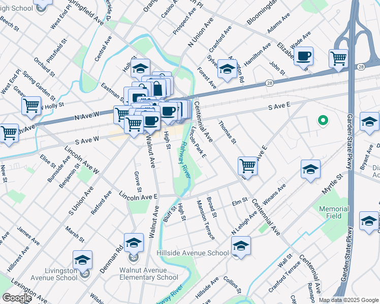 map of restaurants, bars, coffee shops, grocery stores, and more near 515 Lincoln Park East in Cranford
