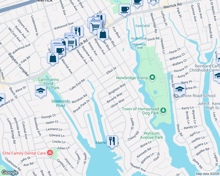 map of restaurants, bars, coffee shops, grocery stores, and more near 108 Shoreham Way in Merrick