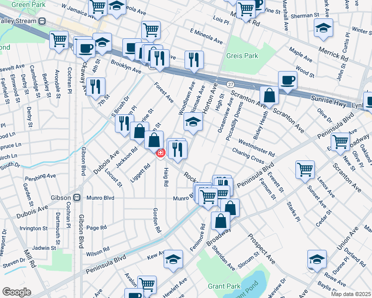 map of restaurants, bars, coffee shops, grocery stores, and more near 52 Horton Ave in Valley Stream
