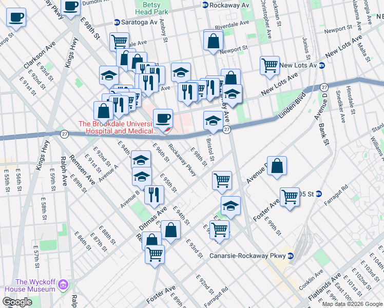 map of restaurants, bars, coffee shops, grocery stores, and more near 1105 Thomas S Boyland Street in Brooklyn