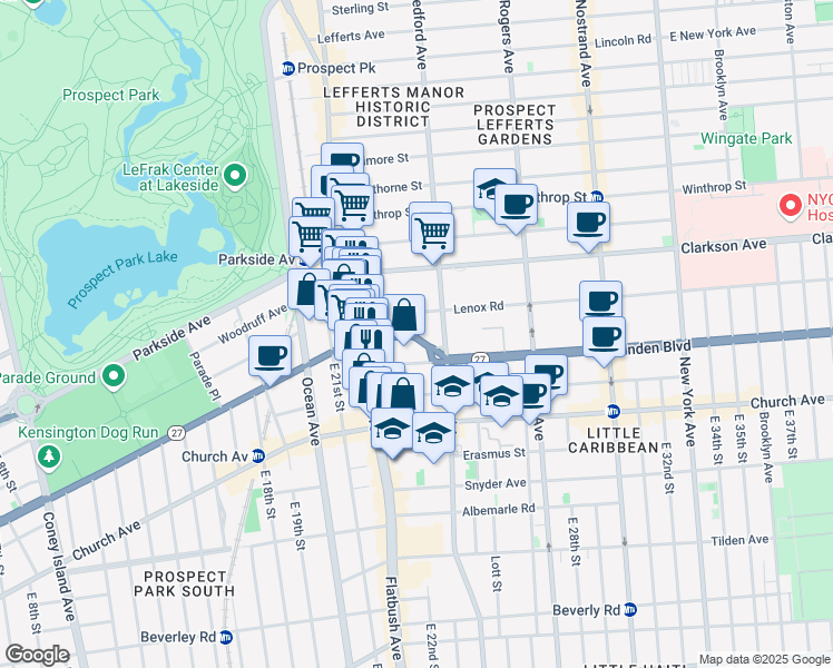 map of restaurants, bars, coffee shops, grocery stores, and more near 58 Linden Boulevard in Brooklyn