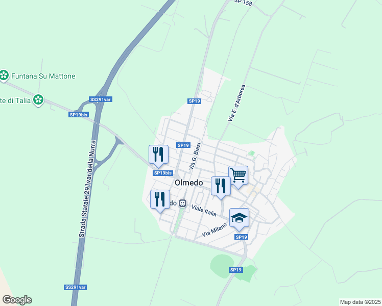 map of restaurants, bars, coffee shops, grocery stores, and more near 8 Via Enrico Mattei in Olmedo