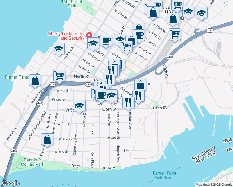 map of restaurants, bars, coffee shops, grocery stores, and more near 193 Orient Street in Bayonne