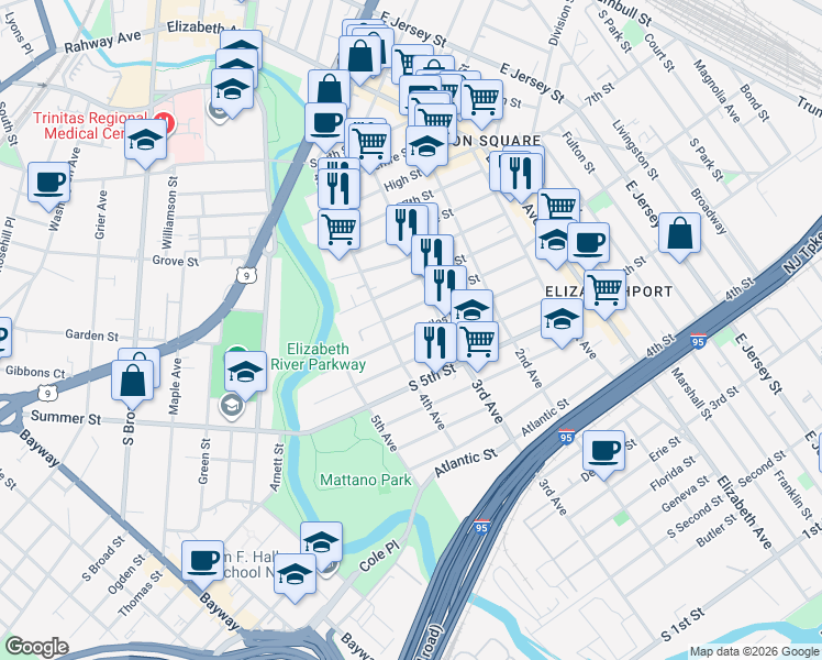 map of restaurants, bars, coffee shops, grocery stores, and more near 316 Niles Street in Elizabeth
