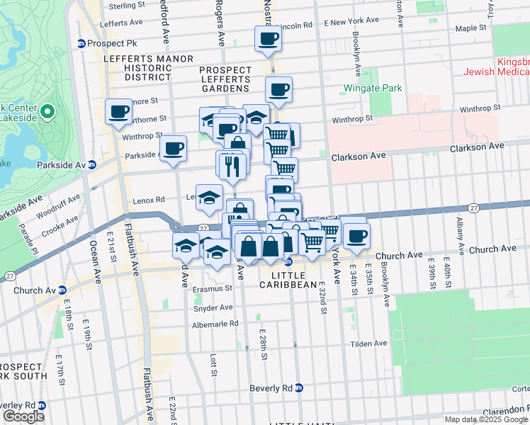 map of restaurants, bars, coffee shops, grocery stores, and more near 221 Linden Boulevard in Brooklyn