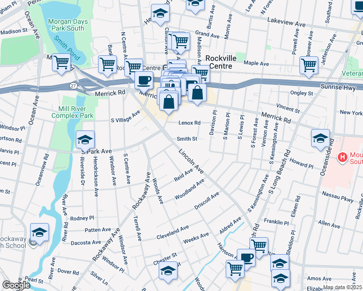 map of restaurants, bars, coffee shops, grocery stores, and more near 163 Lincoln Avenue in Rockville Centre