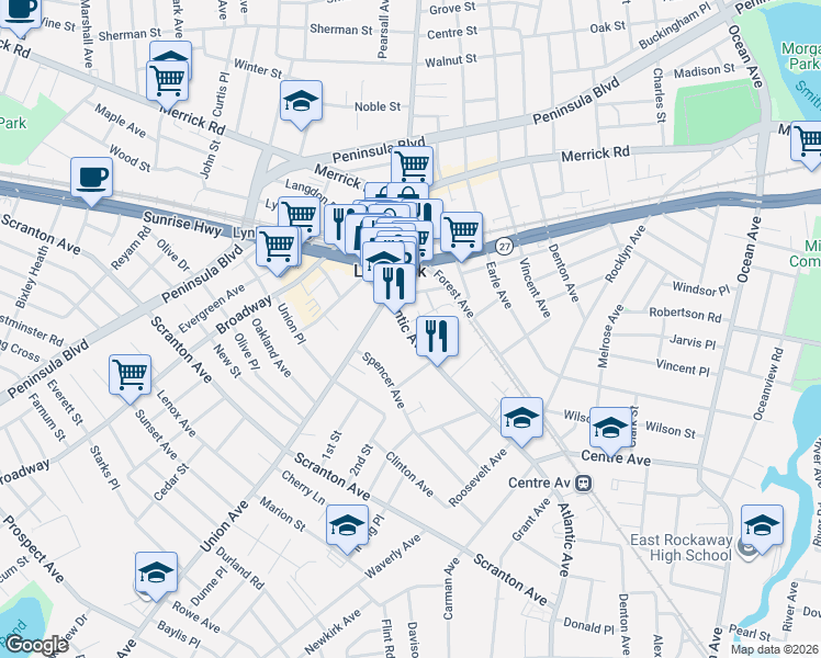 map of restaurants, bars, coffee shops, grocery stores, and more near 120 Atlantic Avenue in Lynbrook