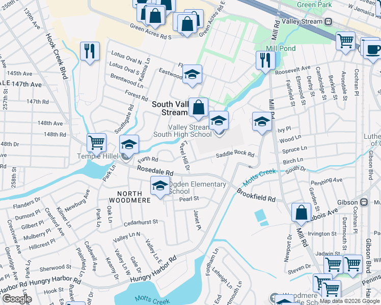 map of restaurants, bars, coffee shops, grocery stores, and more near 32 Sycamore Road in Valley Stream