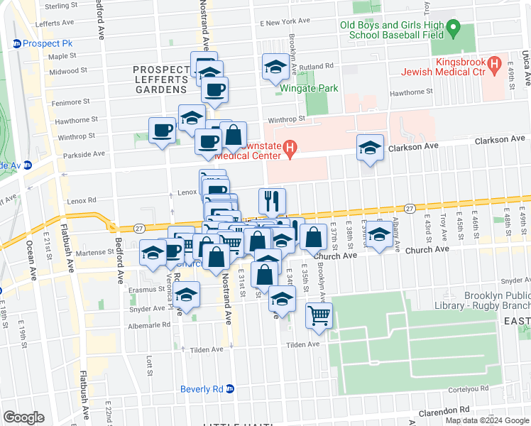 map of restaurants, bars, coffee shops, grocery stores, and more near 335 Linden Boulevard in Brooklyn