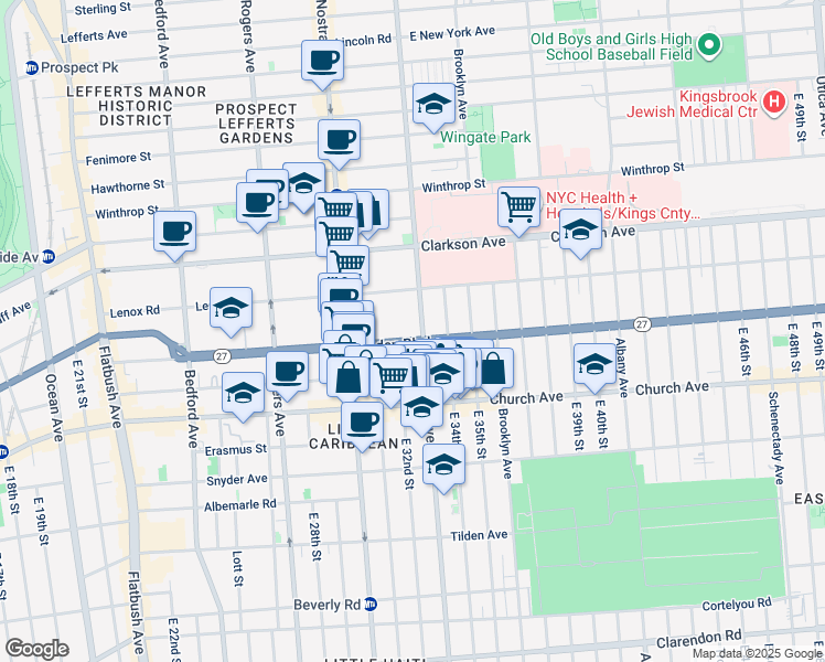 map of restaurants, bars, coffee shops, grocery stores, and more near 335 Linden Boulevard in Brooklyn