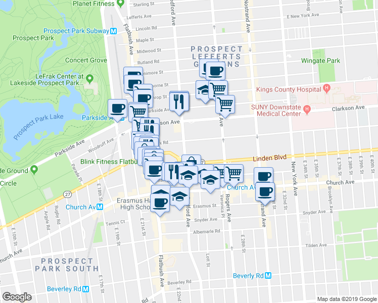map of restaurants, bars, coffee shops, grocery stores, and more near 2101 Bedford Avenue in Brooklyn