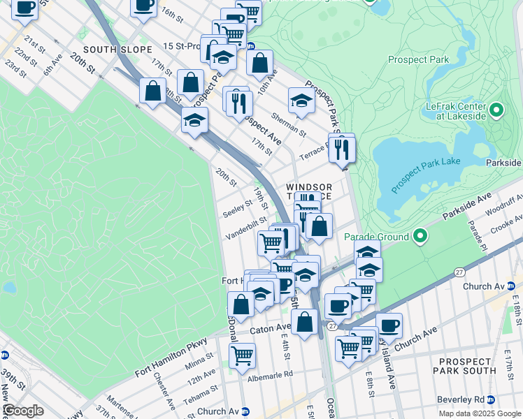 map of restaurants, bars, coffee shops, grocery stores, and more near 648 19th Street in Brooklyn