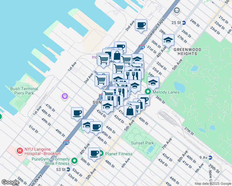 map of restaurants, bars, coffee shops, grocery stores, and more near 358 39th Street in Brooklyn