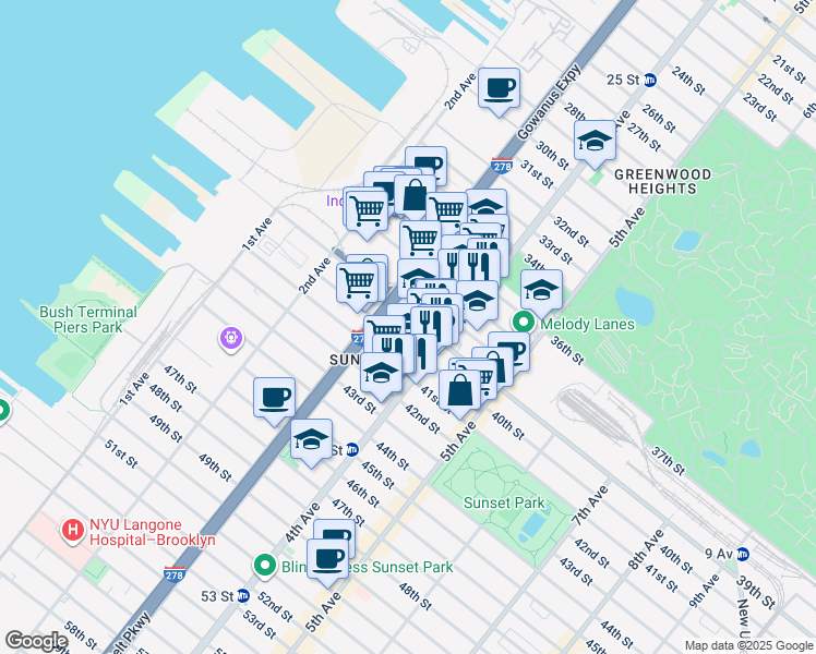 map of restaurants, bars, coffee shops, grocery stores, and more near 358 39th Street in Brooklyn