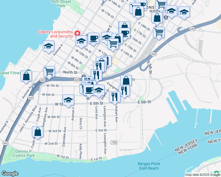 map of restaurants, bars, coffee shops, grocery stores, and more near 193 Orient Street in Bayonne