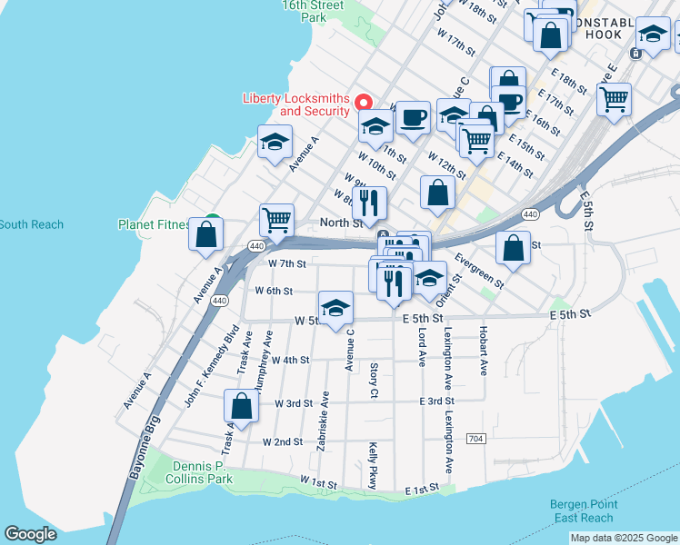 map of restaurants, bars, coffee shops, grocery stores, and more near 166 Newman Avenue in Bayonne