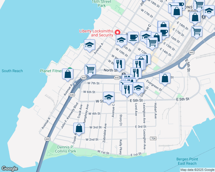 map of restaurants, bars, coffee shops, grocery stores, and more near 166 Newman Avenue in Bayonne
