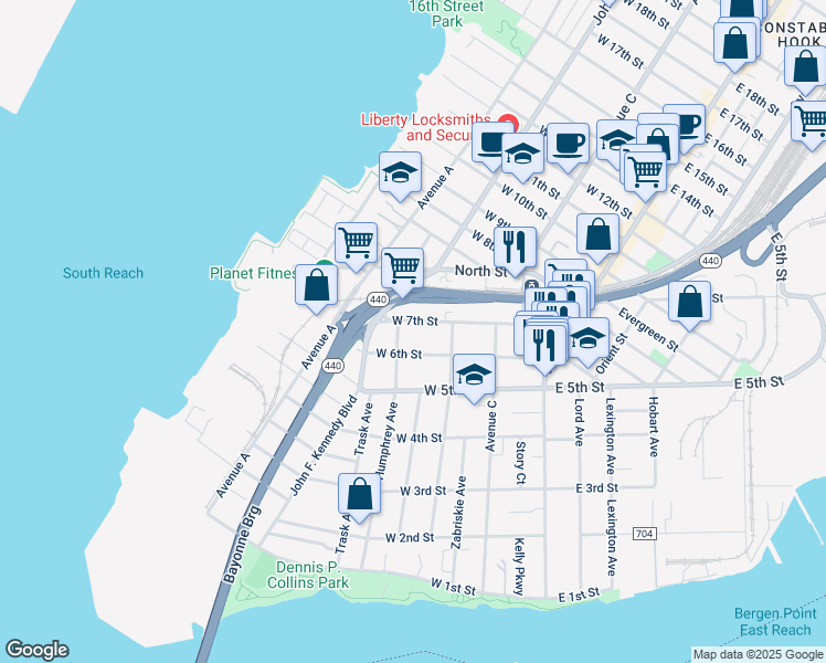 map of restaurants, bars, coffee shops, grocery stores, and more near 110 West 7th Street in Bayonne