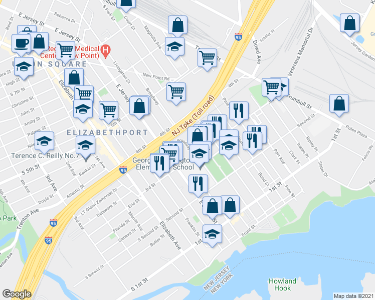 map of restaurants, bars, coffee shops, grocery stores, and more near 136 3rd Street in Elizabeth