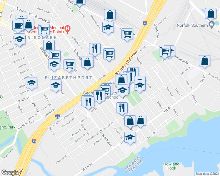 map of restaurants, bars, coffee shops, grocery stores, and more near 324 Livingston Street in Elizabeth