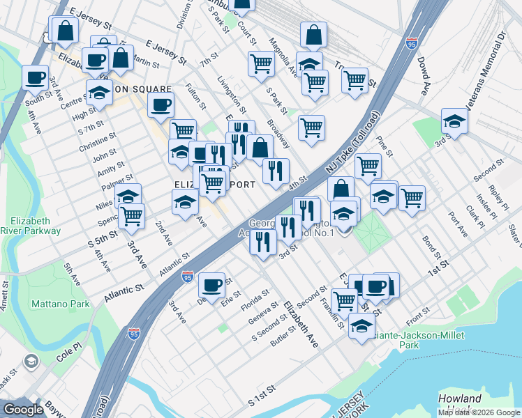 map of restaurants, bars, coffee shops, grocery stores, and more near 62 4th Street in Elizabeth