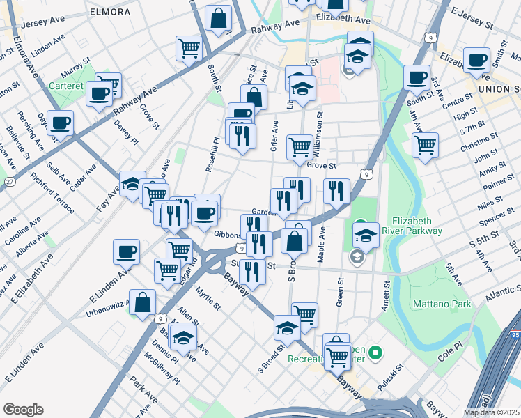 map of restaurants, bars, coffee shops, grocery stores, and more near 819 Garden Street in Elizabeth