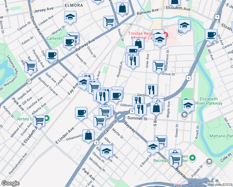 map of restaurants, bars, coffee shops, grocery stores, and more near 508 Lidgerwood Avenue in Elizabeth