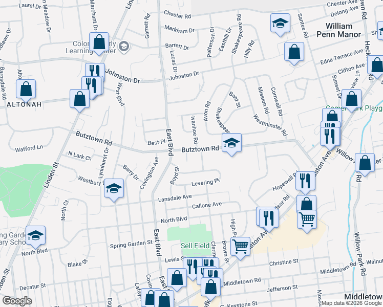 map of restaurants, bars, coffee shops, grocery stores, and more near 2733 Clermont Street in Bethlehem