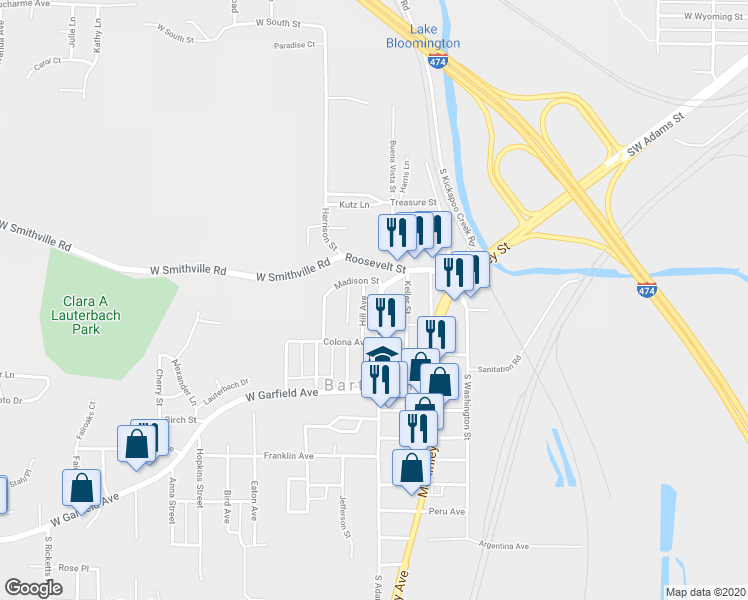 map of restaurants, bars, coffee shops, grocery stores, and more near 5807 South Adams Street in Bartonville