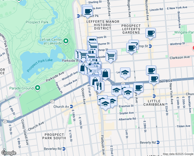 map of restaurants, bars, coffee shops, grocery stores, and more near 801 Flatbush Avenue in Brooklyn