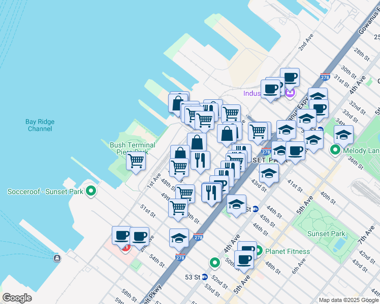 map of restaurants, bars, coffee shops, grocery stores, and more near 152 44th Street in Brooklyn