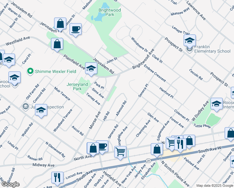 map of restaurants, bars, coffee shops, grocery stores, and more near 2473 Hill Road in Scotch Plains