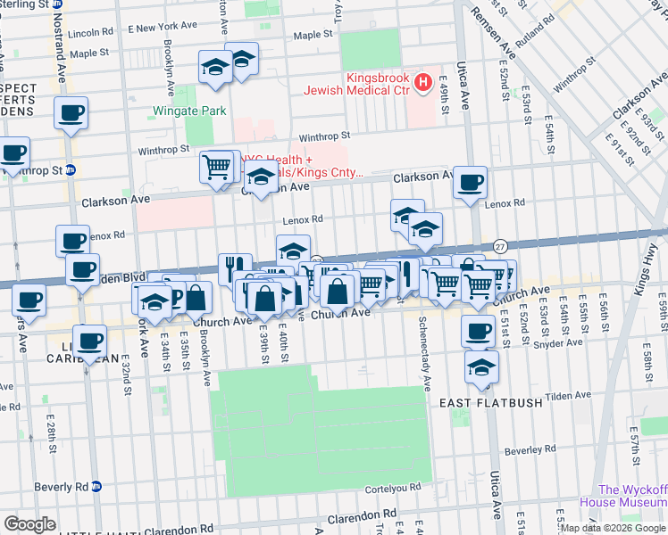map of restaurants, bars, coffee shops, grocery stores, and more near 560 Linden Boulevard in Brooklyn