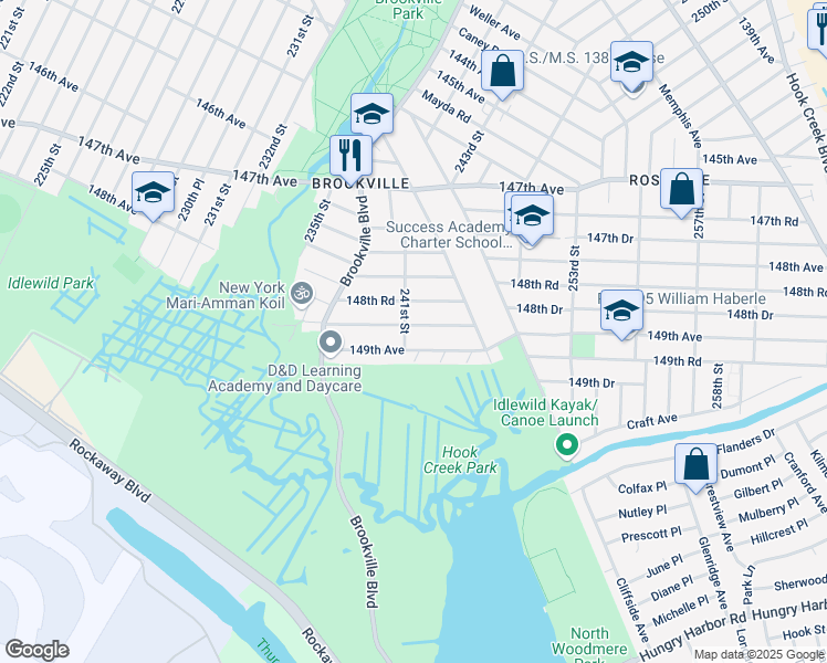 map of restaurants, bars, coffee shops, grocery stores, and more near 241-06 148th Drive in Queens