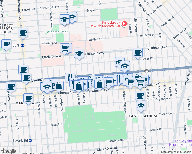 map of restaurants, bars, coffee shops, grocery stores, and more near 560 Linden Boulevard in Brooklyn