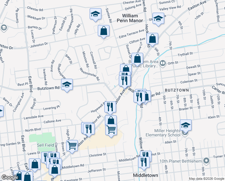 map of restaurants, bars, coffee shops, grocery stores, and more near 2636 Butztown Road in Bethlehem